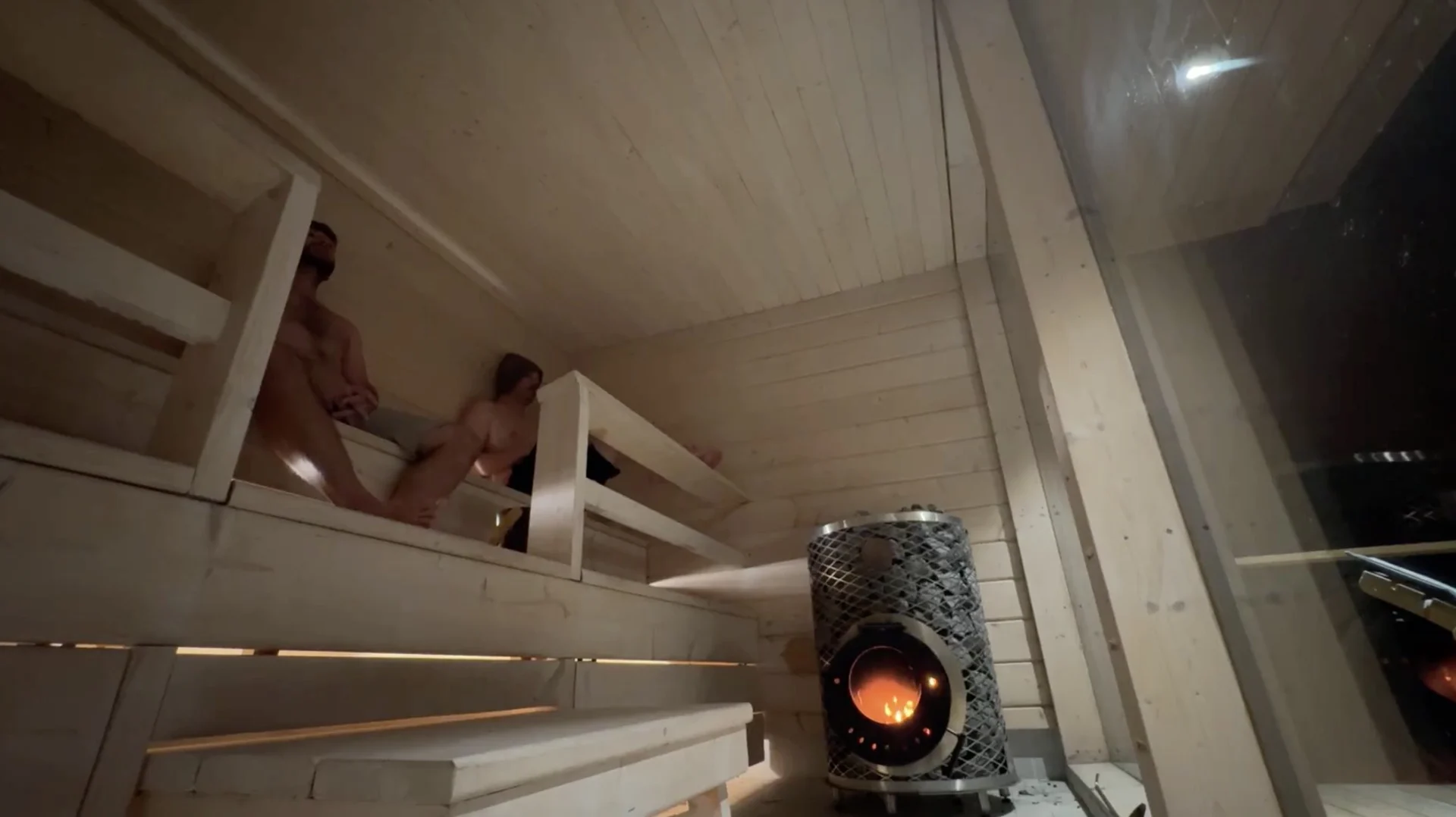 Ben Burger and Ben Frizzell in the wood-fired sauna during their Finland work retreat