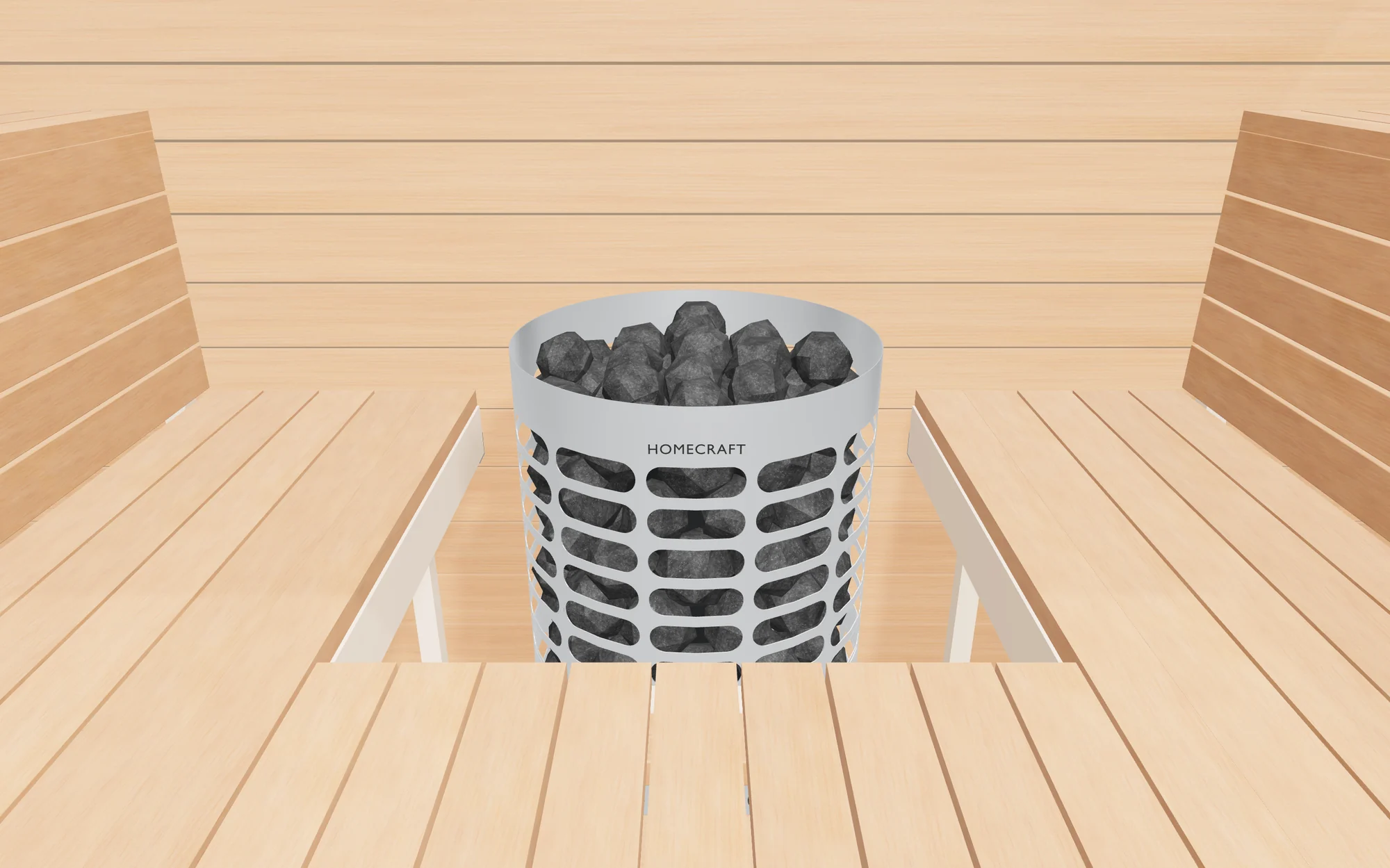 A 3D rendering of the Homecraft Apex heater standing in a square opening in the sauna platform, between the two side benches
