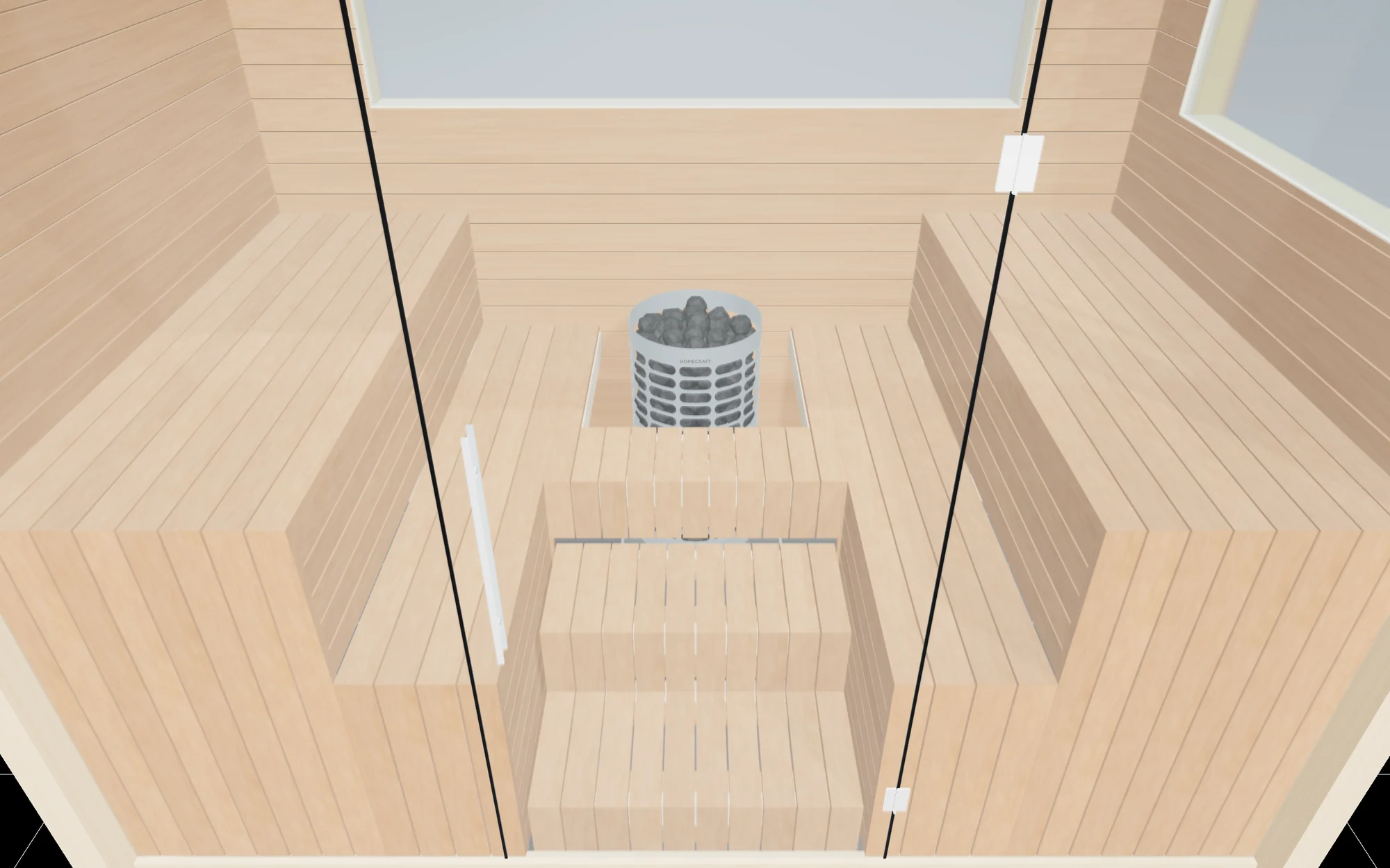 A 3D rendering of the H Platform sauna in SaunaDesignPro seen through its glass door from above: two side benches, a platform across the back with the heater in it and a two-step stool in the middle