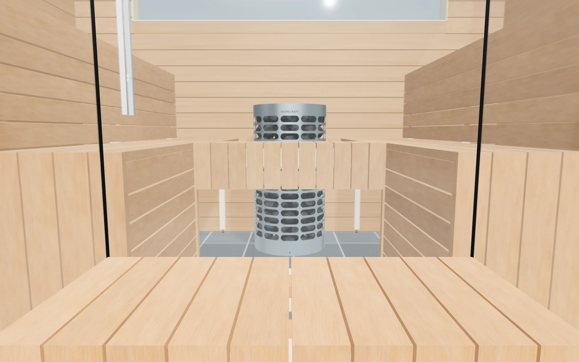 A 3D rendering looking through the sauna door with the stool removed, showing the heater standing on the floor and rising through the platform