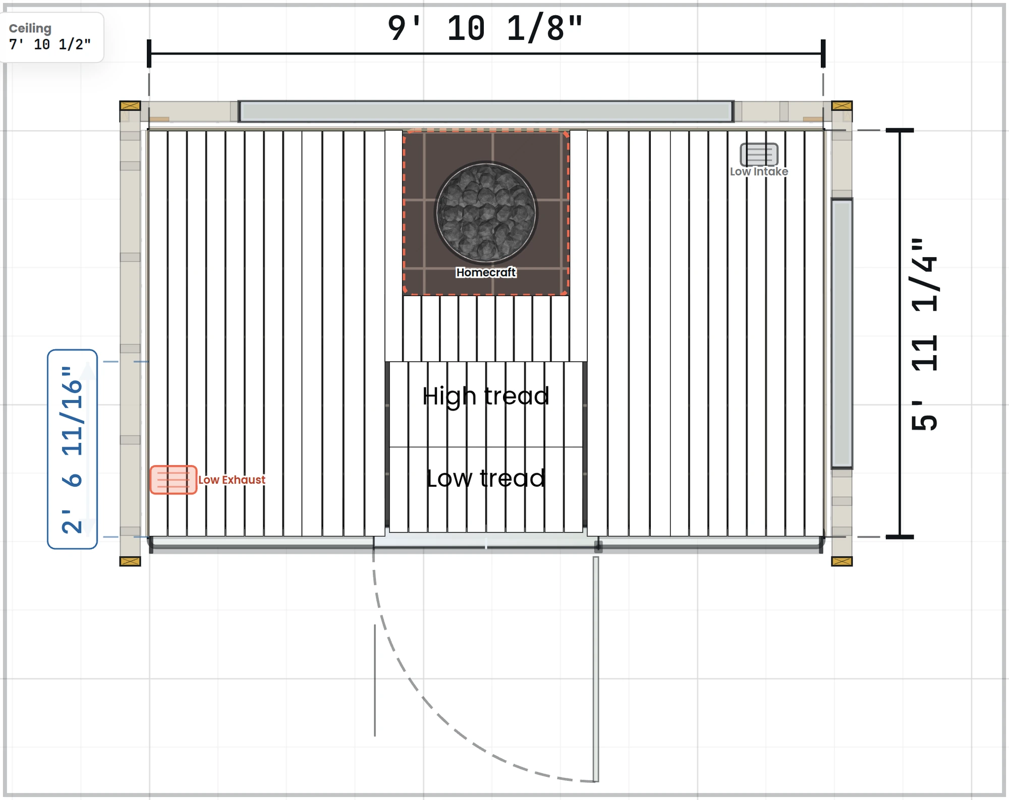The SaunaDesignPro plan drawing of the H Platform: a 9 foot 10 1/8 inch by 5 foot 11 1/4 inch room with the heater bay at the back, high and low treads in the middle, the vents and the door swing