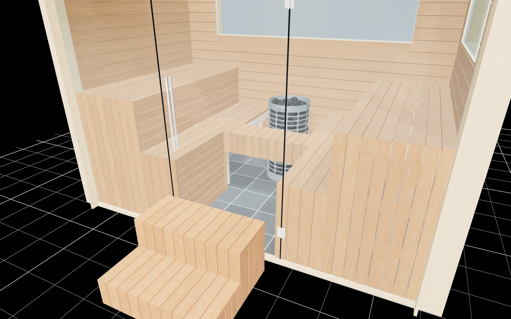 A 3D rendering of the H Platform with its two-step stool pulled out through the glass door