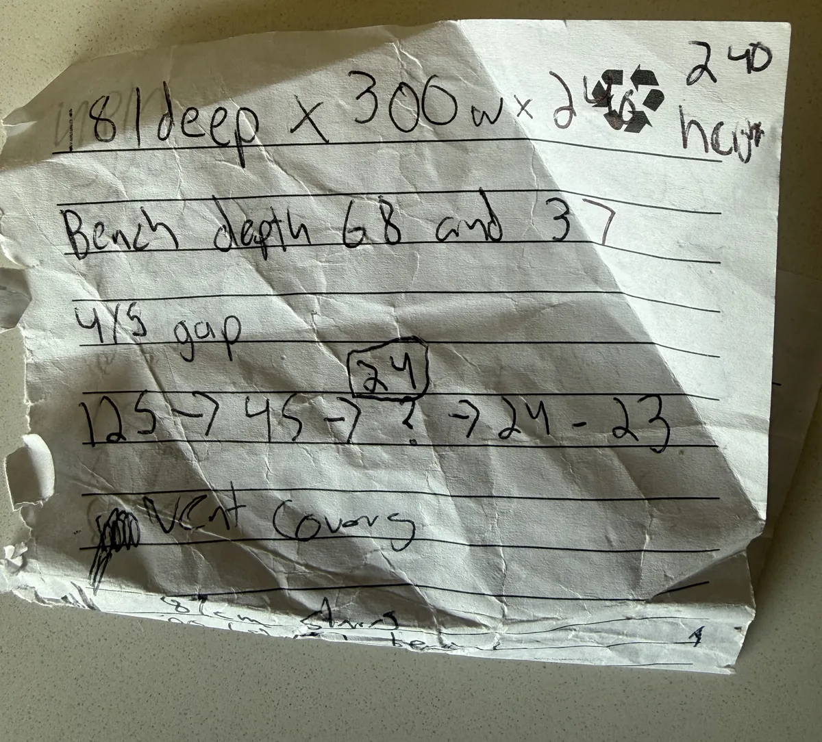 A crumpled handwritten note listing the sauna’s depth, width and height, the two bench depths and the drops from the ceiling to the floor