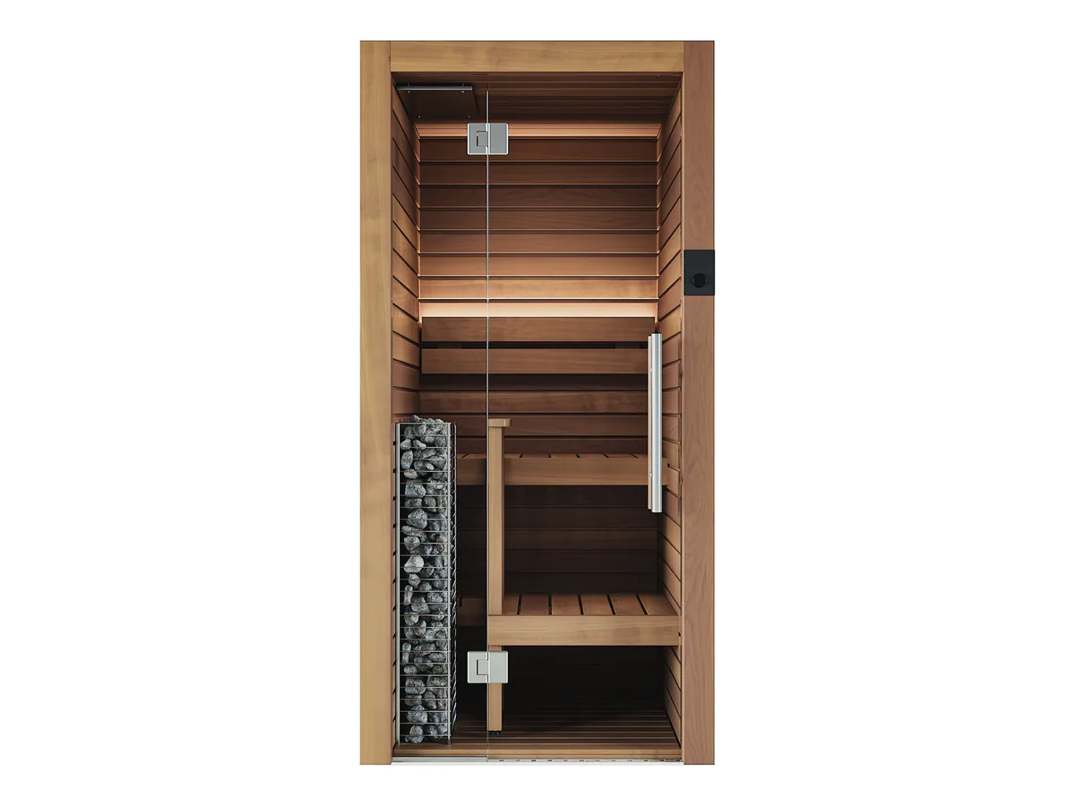 Auroom Cala Glass Mini one-person sauna in thermo-aspen, front view through the glass front with a HUUM CLIFF Mini heater
