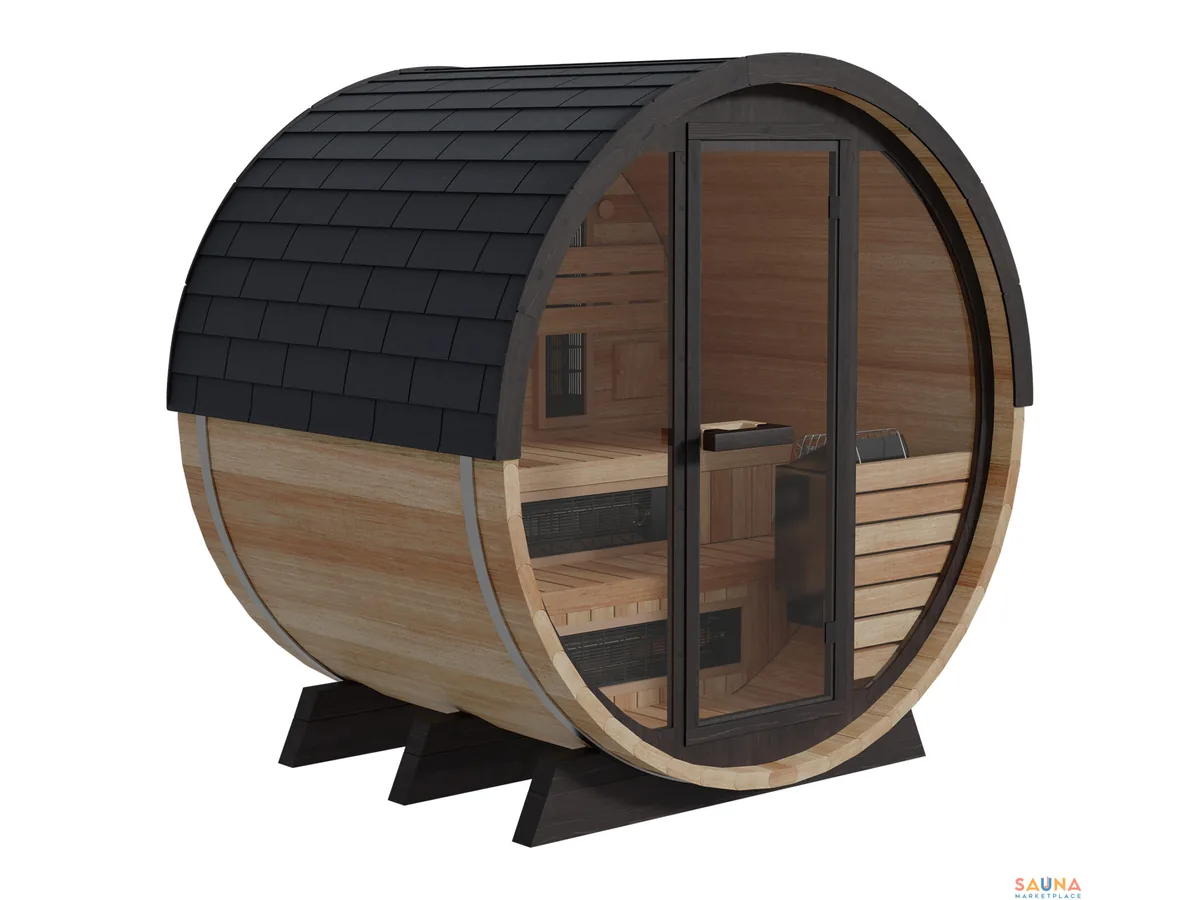 Finnmark FD-7 combination barrel sauna in Thermo-Aspen with a glass front and black shingle roof, three-quarter view