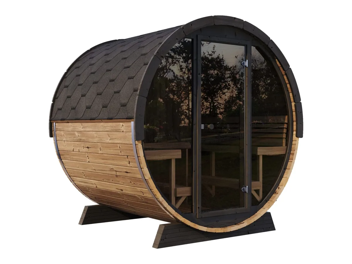 SaunaLife EE8G barrel sauna with a full glass front wall and black shingle roof, three-quarter view