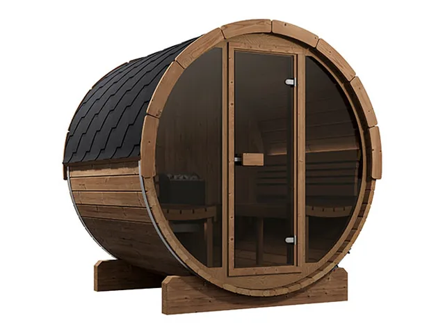 SaunaLife Ergo E7G barrel sauna with a glass front, natural thermally modified spruce staves and a black shingle roof
