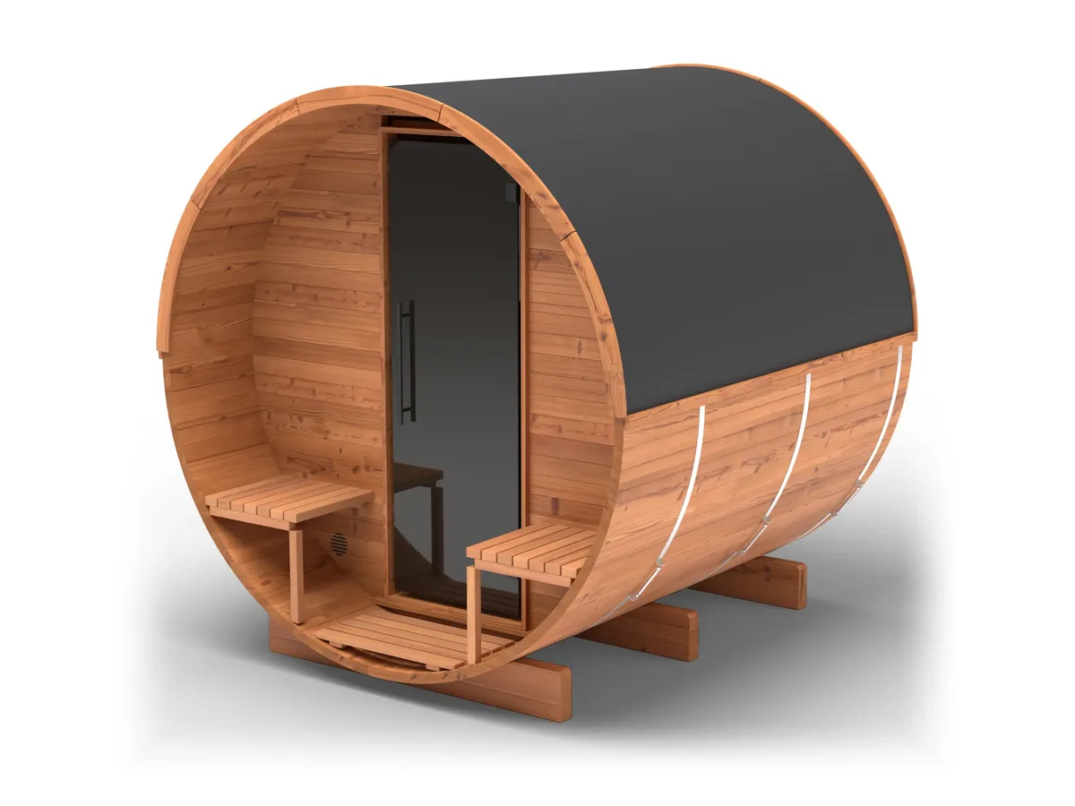 Thermory Barrel Sauna No. 60 with its covered porch, three-quarter front view