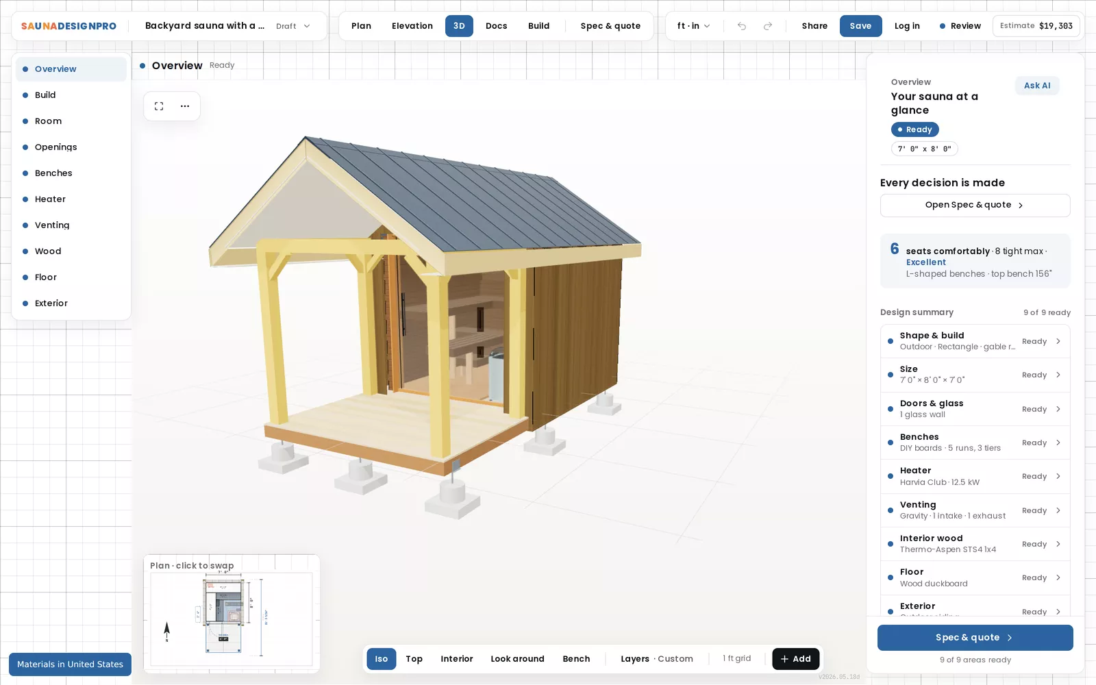 SaunaDesignPro 3D design workspace